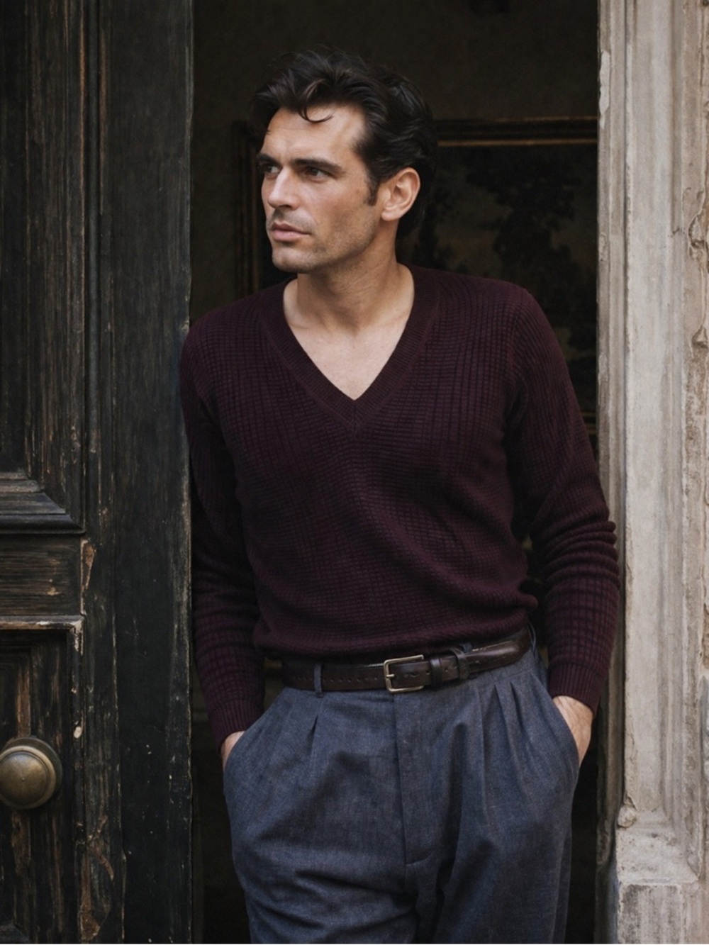 Vintage HAUTE Vincenzo de Cotiis Mens Sweater Sz Large Stripe Wool V-neck Ribbed